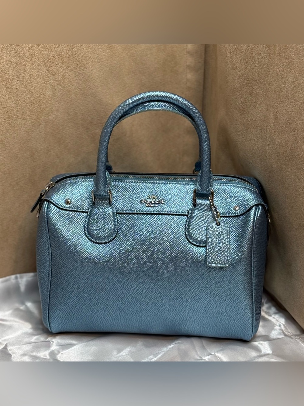 Coach Metallic Blue Mini Bennett Satchel Crossbody Bag Leather - Picture 2 of 15